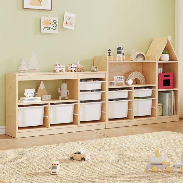 "Standard Children's Bookshelf with Pine Wood, Natural Wood Grain Color Variation, Multiple Bins (5/6/9)"