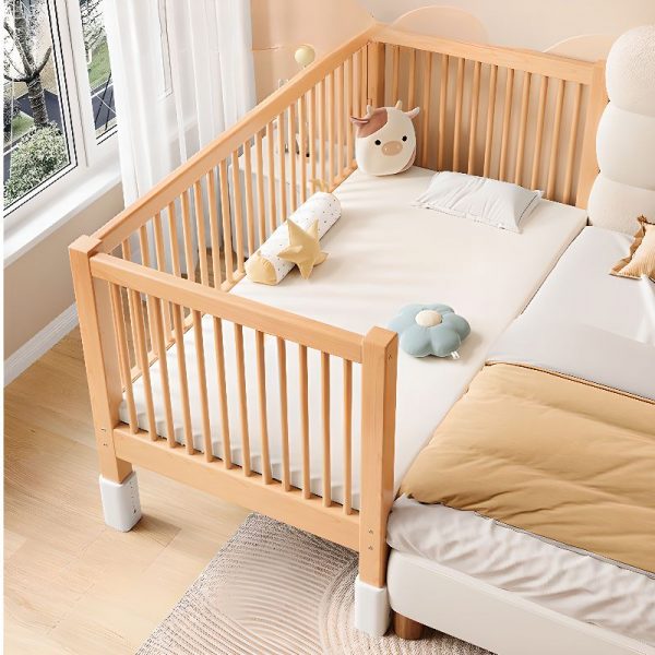 "Casual Natural Finish Natural Wood Panel Standard Children Bed with Coir Mattress, Gender Neutral, Detachable Guardrails"