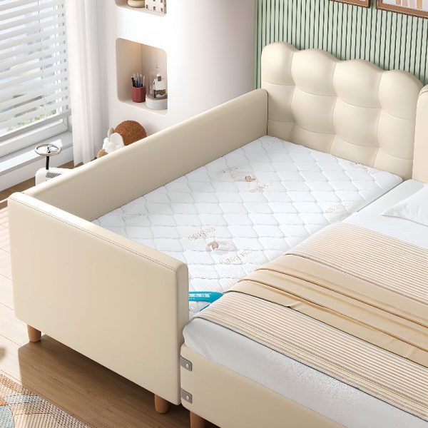 "Cream Panel Standard Children Bed in Natural Wood with Pleather and Coir, Guardrail Included, Gender Neutral"