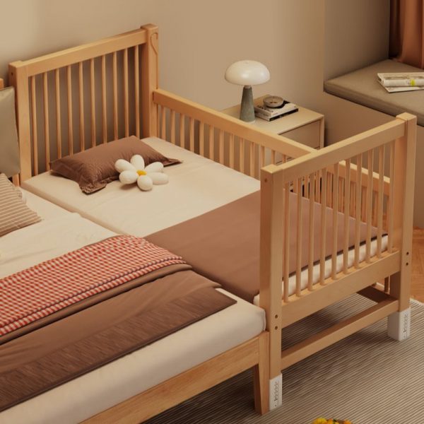 "Casual Natural Wood Standard Children Bed, Natural Finish, Panel Design with Coir Mattress, Gender Neutral & Detachable Guardrails"