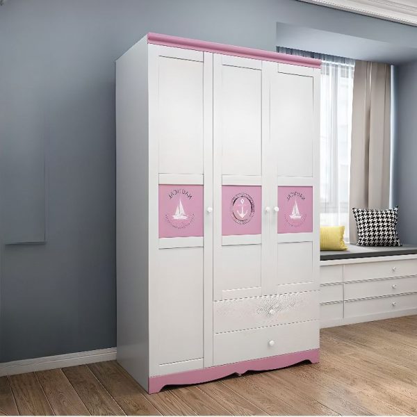 "Functional Wood Kids Wardrobe with Shelf, Compartment Drawer, and Clothing Rod"