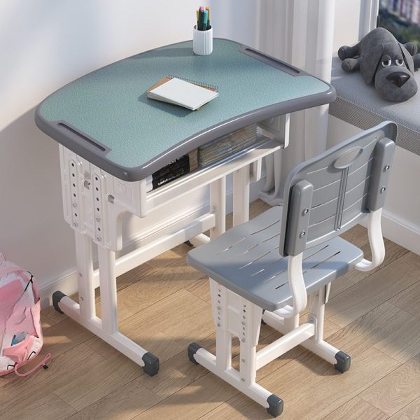 "Height-adjustable Watertight Timber Kids Computer Desk in Grey/Cerulean/Lime Green with Metal Legs and Storage Container"