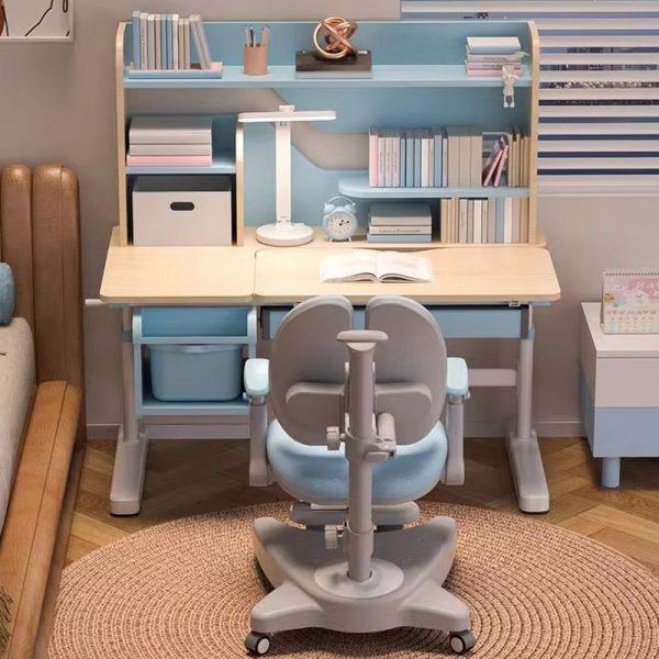 "Hutch Wheels Adjustable Children's Desk in Natural Color with 3 Shelves and Flexible Height, Chair and Compartment"