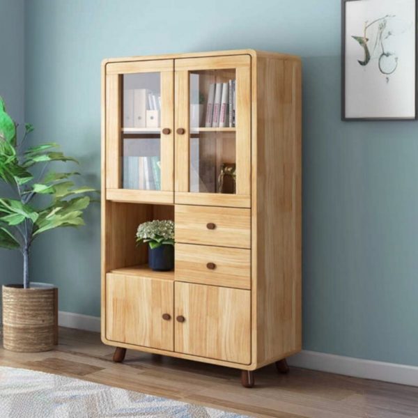 "Self-supporting Timber Scratch-repellent Standard Kids Bookshelf in Natural Color with 4 Shelves, Closed Back and 4 Doors"