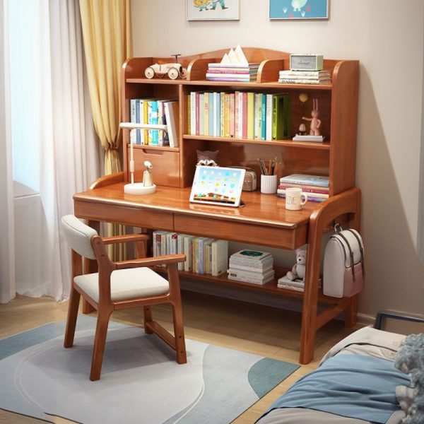 "Height-adjustable Watertight Kids Computer Desk in Rose/Cerulean/Chalk with Locker and Shelf, 2 Drawers and Hutch"