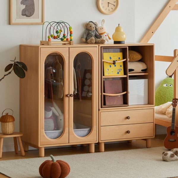 "Walnut Children's Wardrobe with Natural Wood Grain Variation, Soft Close Drawers, and 1 Door"