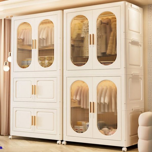 "Spacious White Polymer Kids Armoire with Clothing Rod and Multiple Doors Options"