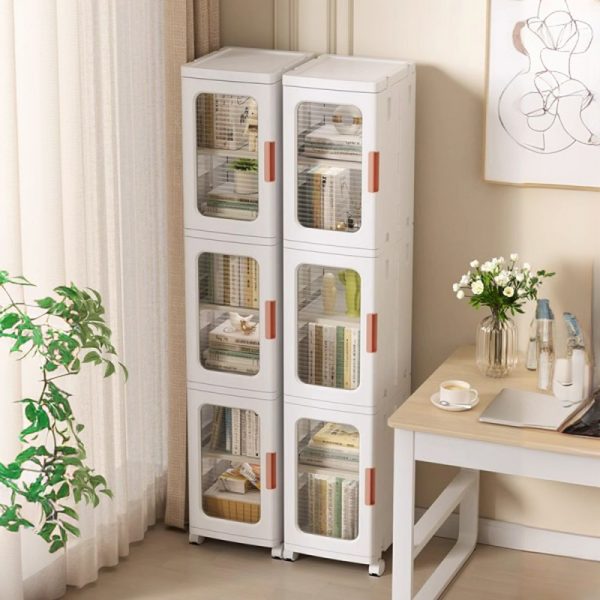 "Simple Vertical Polymer Compound Closed Back Standard Kids Bookshelf with Casters, 6 Shelves/4 Shelves/8 Shelves, 2 Doors/4 Doors/6 Doors"
