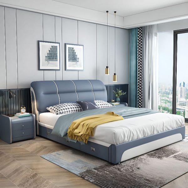 "3 Drawers Cerulean Panel Leatherette Standard Kids Bed with Underbed, Upholstered Headboard"