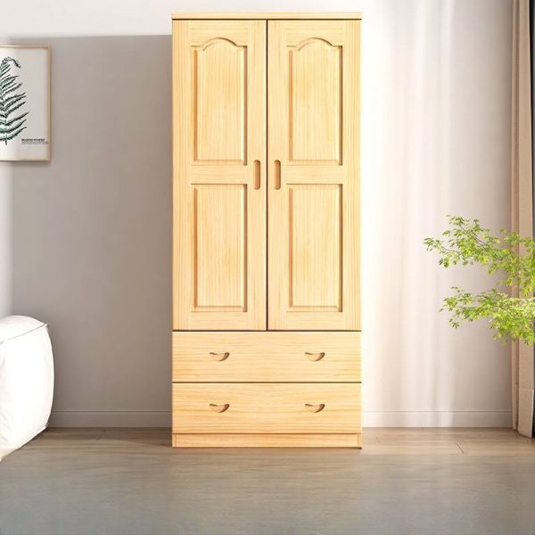 "Pine Wood Kids Armoire with Natural Wood Grain Variation, 5 Shelves & 3 Doors"